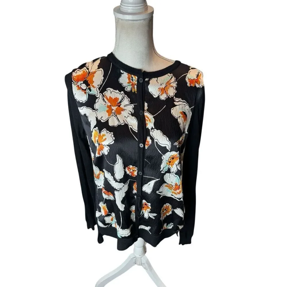 St. John Floral Button Up Silk And Cashmere Top Designer Old Money Sz M 100%